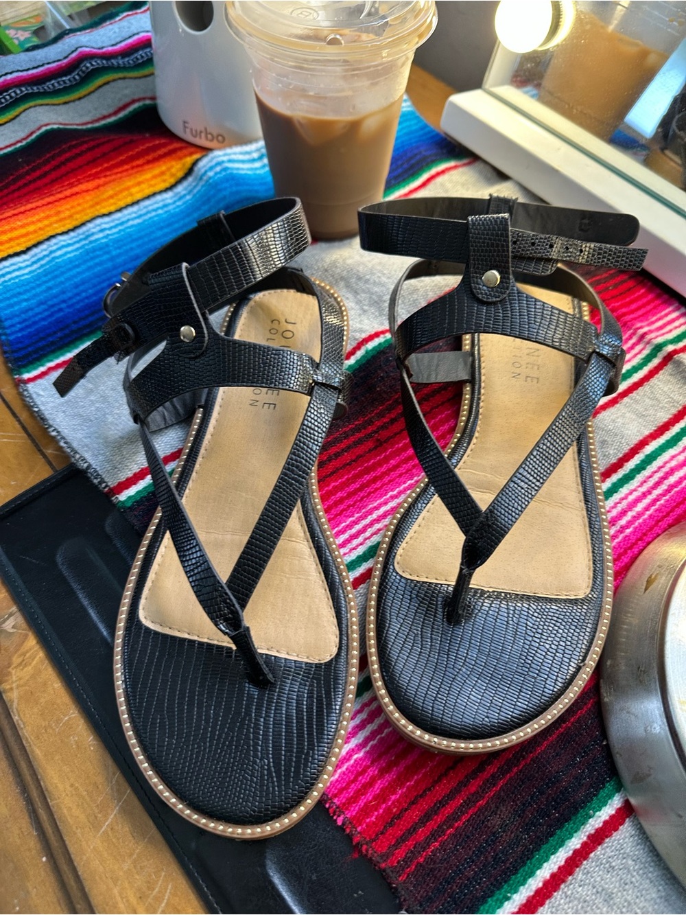 Journey collection  Black Textured Ankle-Strap Thong Sandals - Women